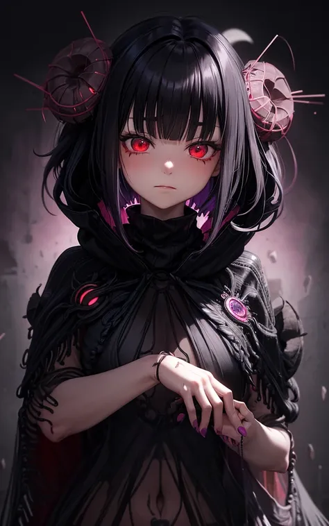 1 woman,  full of bangs、Food、 Red Glowing Eyes 、Purple Hair、 anatomically correct, adult、 Medium Hair、Fluffy Bob、Perm、darkness、Song of Destruction 、Age 25、 smaller breasts、mesh、( Tattered Black Poncho:1.5)、 Red Pearl Necklace 、burnt long skirt、human、 long ...