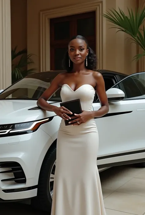 Generate a realistic image of a very beautiful African lady in her mid 30s, very beautiful, dark chocolate in color, on church attire, Standing by the side door of 2022 white range Rover Evoque, with her handbag on top of the car bonnet, hooding a Bible, i...