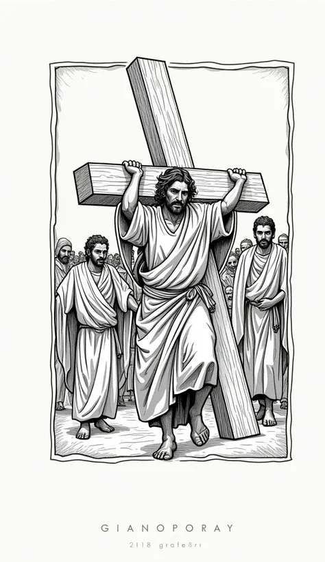 A grayscale illustration of Jesus walking while carrying a cross. Include the following details: - Expression: solemn, reflecting strength and endurance - Cross: visibly heavy and resting on His shoulder - Background: minimal, focusing attention on Jesus a...