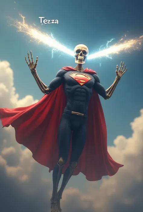 A skeleton in a superman costume with laser eyes in the sky writes tezza poker