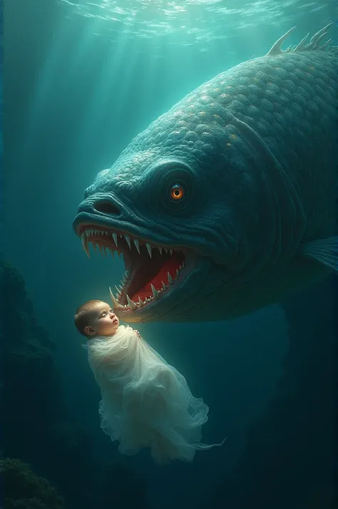 In the very clear ultra HD dynamic realistic image of "A giant mystical fish swimming in deep blue waters, with its mouth open, ready to swallow a floating baby wrapped in cloth. The underwater world is dark yet magical, with eerie light filtering through....