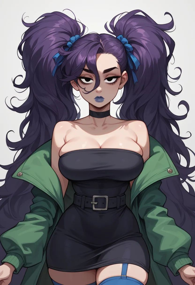 sexy girl, half closed eyes, twintails hair, very long hair, messy hair, dark purple hair, blue lipstick, very pale skin, curvy,...