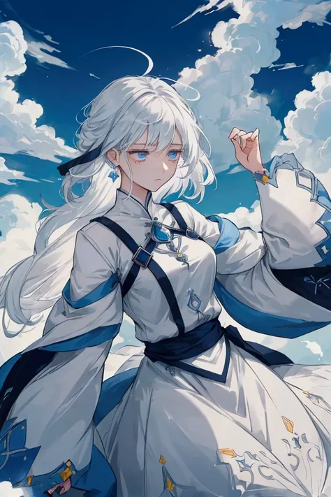 A young woman with short, platinum-white hair that seems to shimmer like the clouds she commands. Her eyes are a striking shade of pale blue, reflecting the sky’s ever-changing moods. Dressed in a simple yet elegant outfit made of lightweight fabrics that ...