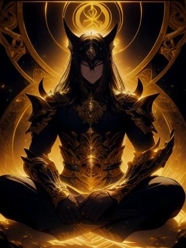 High quality, masterpiece, best detail, man in black armor with golden runes, wolf ears on black helmet with golden runes, moon overhead, meditating in lotus position, using destructive magic of the foundation of the universe