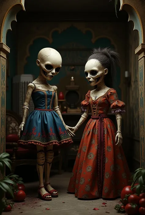 "A chilling image of life-sized dolls made from mummified s, dressed in colorful clothing and adorned with makeup. The dolls should be placed in an eerie, dollhouse-like setting, creating a grotesque yet fascinating atmosphere."