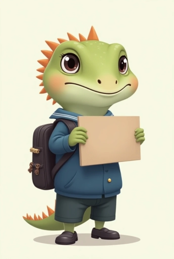 an adorable cartoon iguana wearing a dark blue school uniform, with a collared shirt, black shoes, a school backpack, holding a sign with both hands