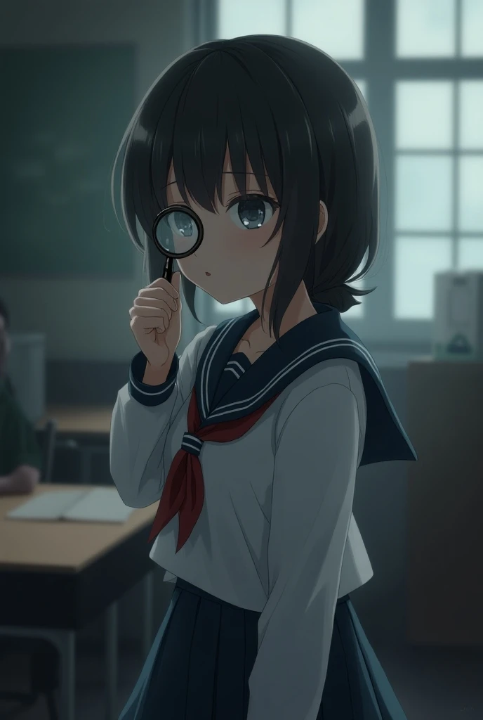 Anime young girl, girls school uniform, magnifying glasses. Anime style, with sad atmosphere.