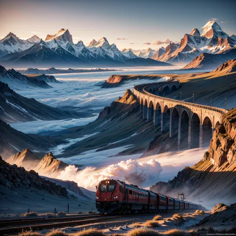 postapocaliptic ultra futuristic train moving thru pataginia sunrise landscape. hd