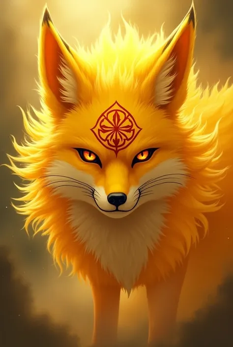 A majestic golden demon spirit fox. The fox has the symbol of the Hidden Leaf Ninja on its forehead. The Symbol is from Naruto