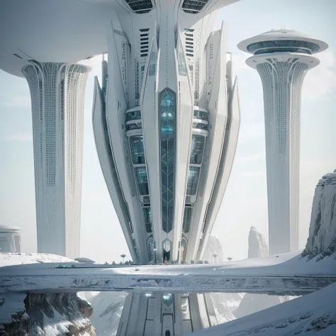 a busy alien landscape, lost of futuritic people walking aroumd, pristine white metallic forerunner architecture, dramatic terrain, exotic flora, futuristic and otherworldly environment, intricate designs, glowing elements, sleek and towering structures, a...