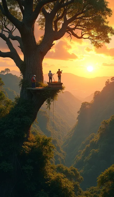 view from the top of the tree of people harvesting honey on top of a very tall tree in a very beautiful tropical forest, sunset