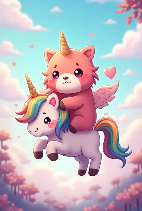 A cute chibi pink red panda riding on a cute chibi alicorn with rainbow wings and long rainbow hair 