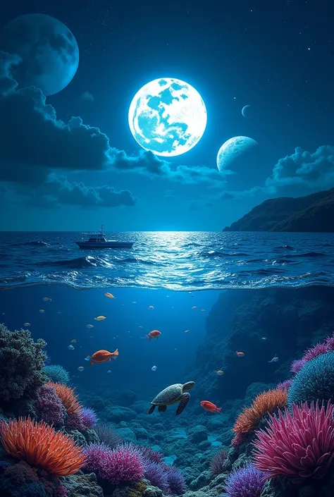 Creating a beautiful view of a colorful world, the light of the moon that night, illuminating the surface of the water was truly amazing alsowith many bright stars and planets visible in the sky. A view under the ocean with clear water where you can see in...