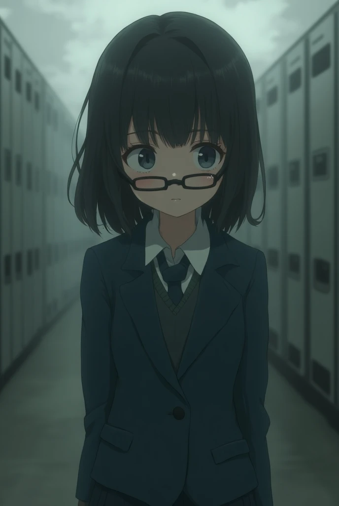 Anime young girl, girls school uniform, glasses. Anime style, with sad atmosphere.