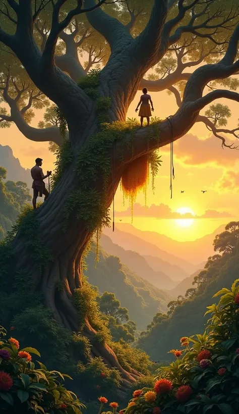 harvesting honey on a very tall tree in a very beautiful tropical forest, sunset