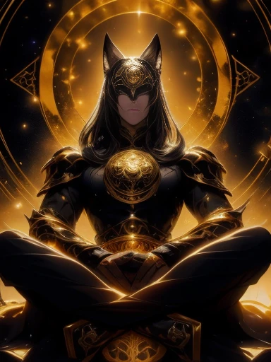 High quality, masterpiece, best detail, man in black armor with golden runes, wolf ears on black helmet with golden runes, moon overhead, meditating in lotus position, using destructive magic of the foundation of the universe