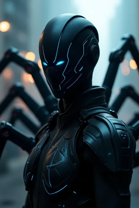 a man with black metal mask with blue eyes and futuristic design with no mouth with full body black metal futuristic suit with blue neon line and four big robotic spider leg weapon at their back body