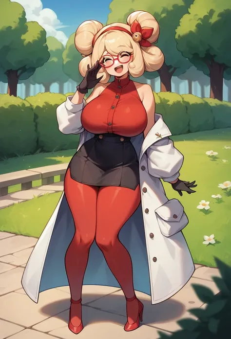 score_9, score_8_up, score_7_up, score_6_up, score_5_up, score_4_up, (source_anime), purah,
1girl,  huge breasts, narrow waist, thick thighs,  hair ornament, red headband, red glasses, sleeveless shirt, white coat, black skirt, red leggings, gloves, high h...