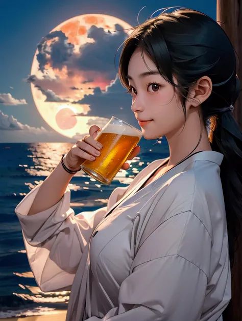 Okinawas super beautiful sea,Giant Moon, at dusk like the end of the world ,Okinawan girl , has a beer mug, is offering a beer mug here,Smiling wistfully