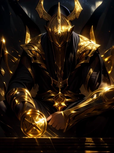 High quality, masterpiece, best detail, man in black armor with golden runes, wolf ears on black helmet with golden runes, moon overhead, meditating in lotus position, using destructive magic of the foundation of the universe