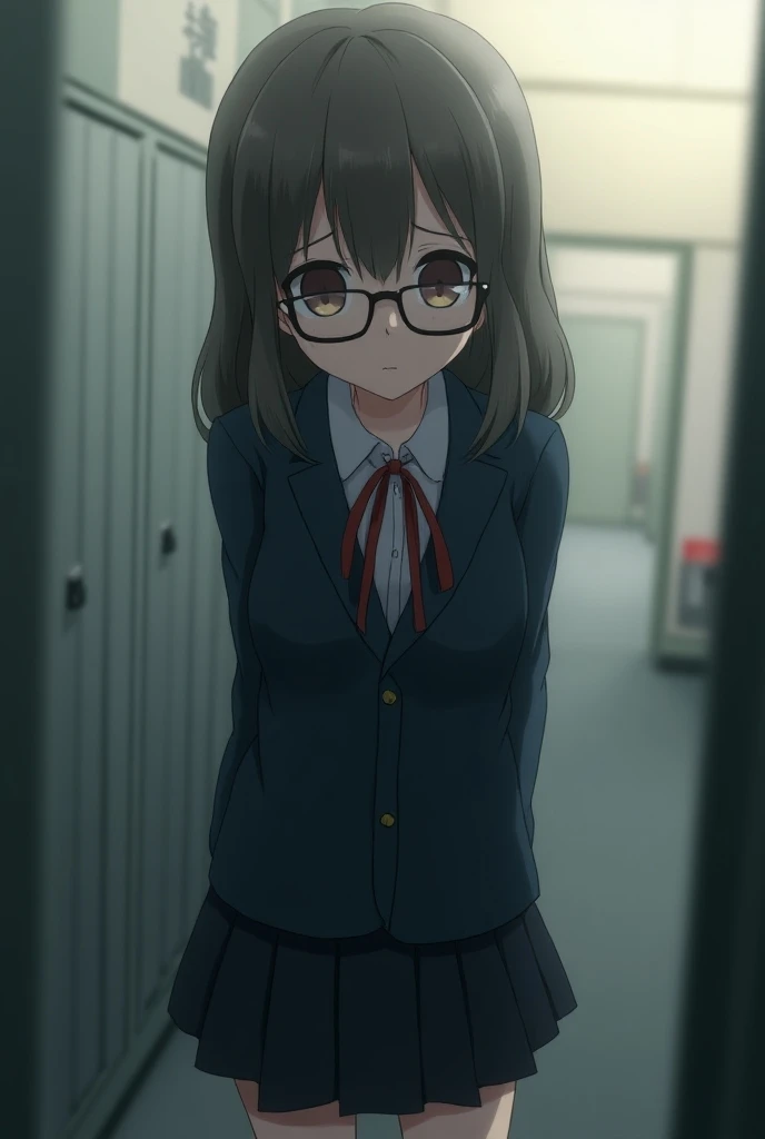 Anime young girl, girls school uniform, glasses. Anime style, with sad atmosphere.