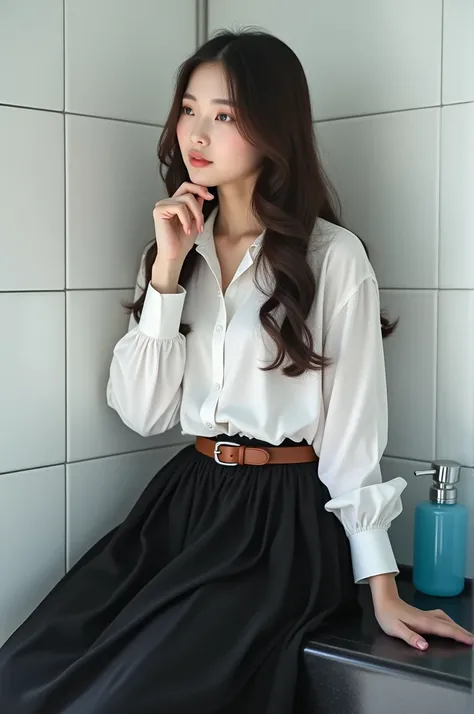 The beauty pose of the Asian girl is seated on the edge of a tiled black washbasin, she wears a white buttoned short-sleeved top, a black skirt and a brown belt. Her hair is long and popping down to her shoulders, her left hand is resting on her chin, addi...