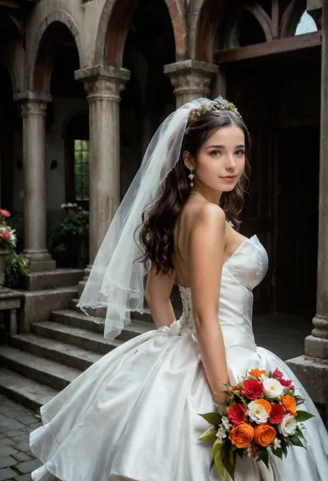 1girl, voluptuos girl, wearing a wedding dress, hair ornament, flowers, a fountaint in the back