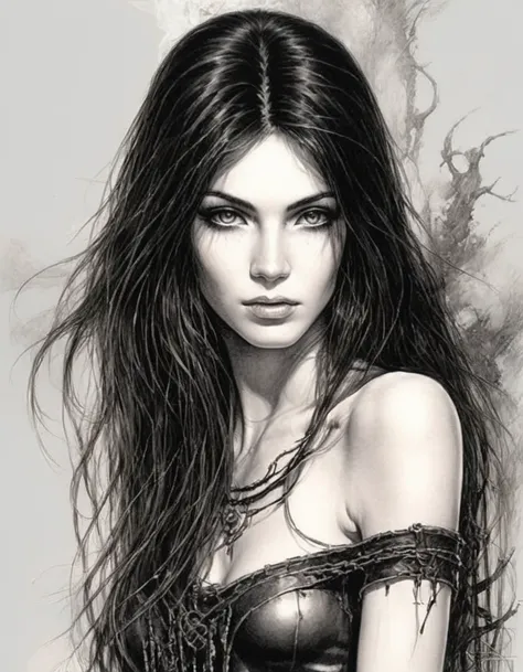 nude woman with perfect eyes black color and perfect legs and perfect hands and perfect fingers, ilustraciones de luis royo style rendered in a vibrant and detailed manner, black hair, D Breast size, long hair, white skin, clean skin