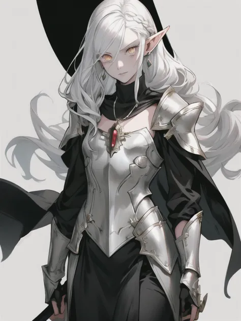 a woman, 1girl, elf, pointy ears, solo, white hair, long hair, pale face, jewelry, flat chest, orange eyes, looking at viewer, n...