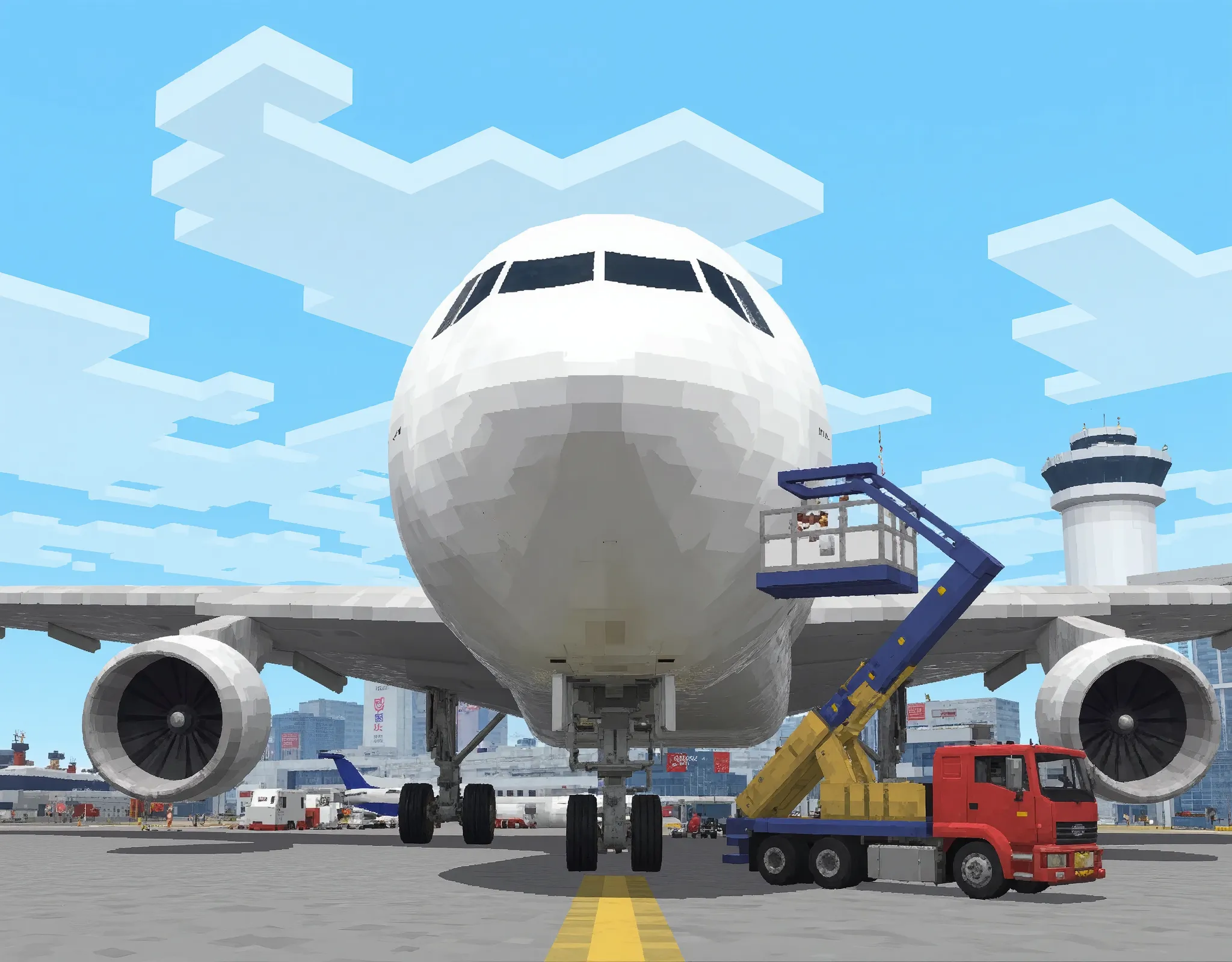 (masterpiece:1.2, best illustration,Super detailed),( Minecraft :2.0),( High Quality Voxel Art :2.0),( Voxel-based World  :2.0),( Jumbo Jet Closeup:2.0),(International Airport:2.0),(ANA color aircraft:2.0),(ANA),(dynamic),( Rear View of a Mechanic Guiding an Airplane :2.0),( Maintenance Vehicle :2.0),( Vivid Colors:2.0),(cute:2.0),( Minimalist   :2.0),(  pixel art:2.0)