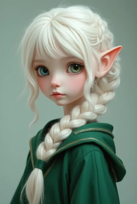 albino ,  with fluffy wavy hair up to his ears and with a braid on the back. He has a blue eye and a pink eye and wears a slytherin 