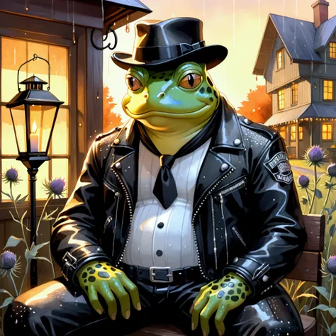 Closeup, An extremely badass anthropomorphic light blue and white bullfrog wearing an insanely cool black leather Harley Davidson biker jacket open, black fedora, black leather biker gloves, black leather biker pants, sitting amidst autumnal Scottish thist...