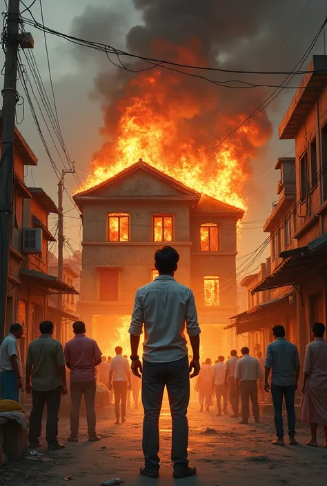 In an indian street a house on fire a single young man watching that house 