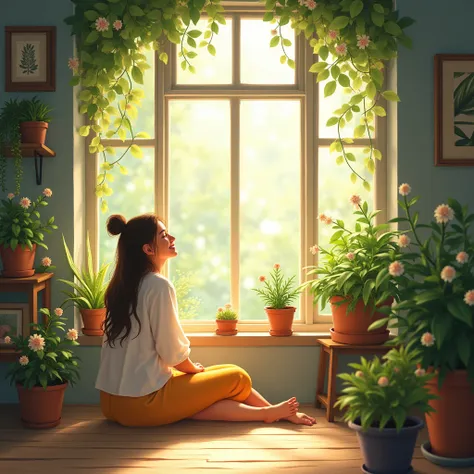 Depict a cozy room where a person sits by a window, surrounded by beautiful plants and flowers. As they smile in contentment, a gentle light fills the room, symbolizing the quiet yet profound blessings from delighting in the Lord.