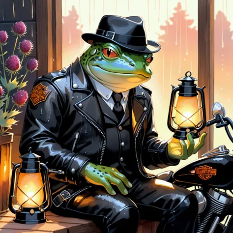 Closeup, An extremely badass anthropomorphic light blue and white bullfrog wearing an insanely cool black leather Harley Davidson biker jacket open, black fedora, black leather biker gloves, black leather biker pants, sitting amidst autumnal Scottish thist...