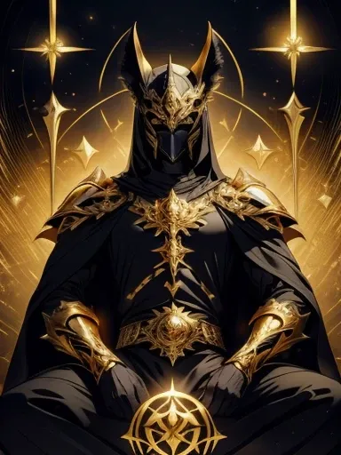 High quality, masterpiece, best detail, full length, man in black armor with golden runes, wolf ears on a black helmet with golden runes, moon overhead, meditating in lotus position, using destructive magic of the foundation of the universe