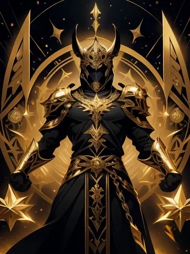 High quality, masterpiece, best detail, full length, man in black armor with golden runes, wolf ears on a black helmet with golden runes, moon overhead, meditating in lotus position, using destructive magic of the foundation of the universe