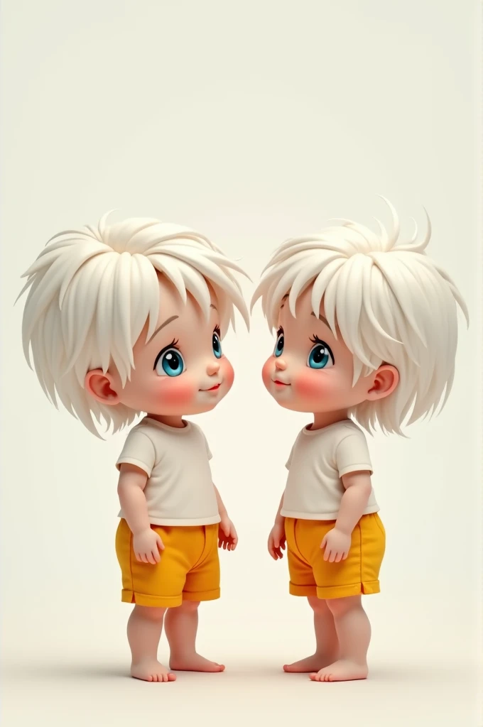  Two young ren who are twins aged five and six,  with white hair and little blue eyes wear , pale white skin, What do short shorts . 