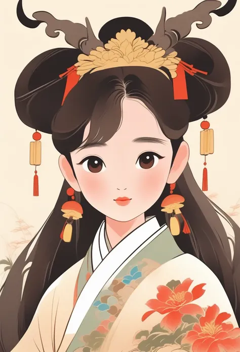 A cute , Looks like Chen Zhiyan（cocoa）, Blush Blush, Gongbi painting, Fat Face, Wear traditional Yi clothing,  Simple Vector Art , Low double ponytail, Flowering, Dragon Horn, Water eyes,  Faint Smile ,  character design , 洛cocoa风格,  anime style,  Contempo...