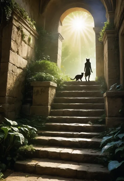 Magical world, complete fantasy; a human warrior cat, climbing stone steps towards the magic threshold that will take him home; standing on two legs; he walks with a solemn attitude, at dusk, in the dim light of the dying sun; at the end of the stairs is t...