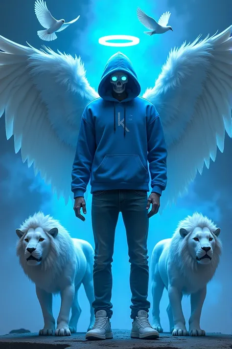 “An ethereal, hooded figure with skeleton features, glowing blue eyes, wearing a blue hoodie, black jeans and white shoes, and angelic wings walks with two white lions, both with glowing eyes. The figure wears a hoodie with an ‘K’ and has a halo above its ...