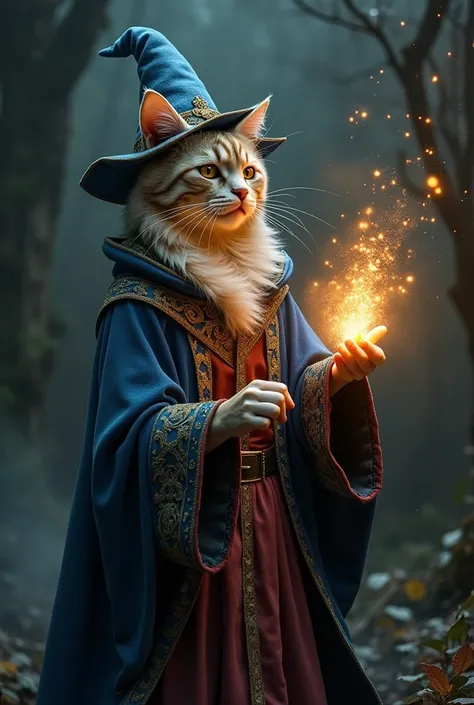 Minskin Cat as merlin the wizard doing magic