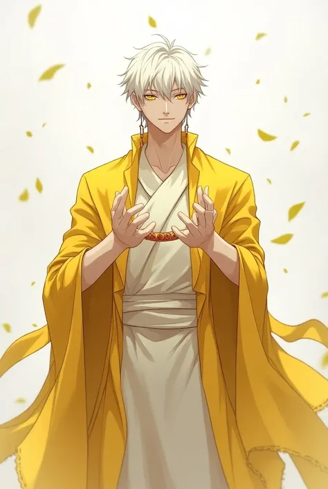 A 2d anime  man with pure yellow eyes Earrings, Closed Mouth, Short Hair,  with 4 hands and magical powers and muscular body and big hieght and yellow white combo dress and a bracelet in his hands white hair kindness and a brutal strength and durability 