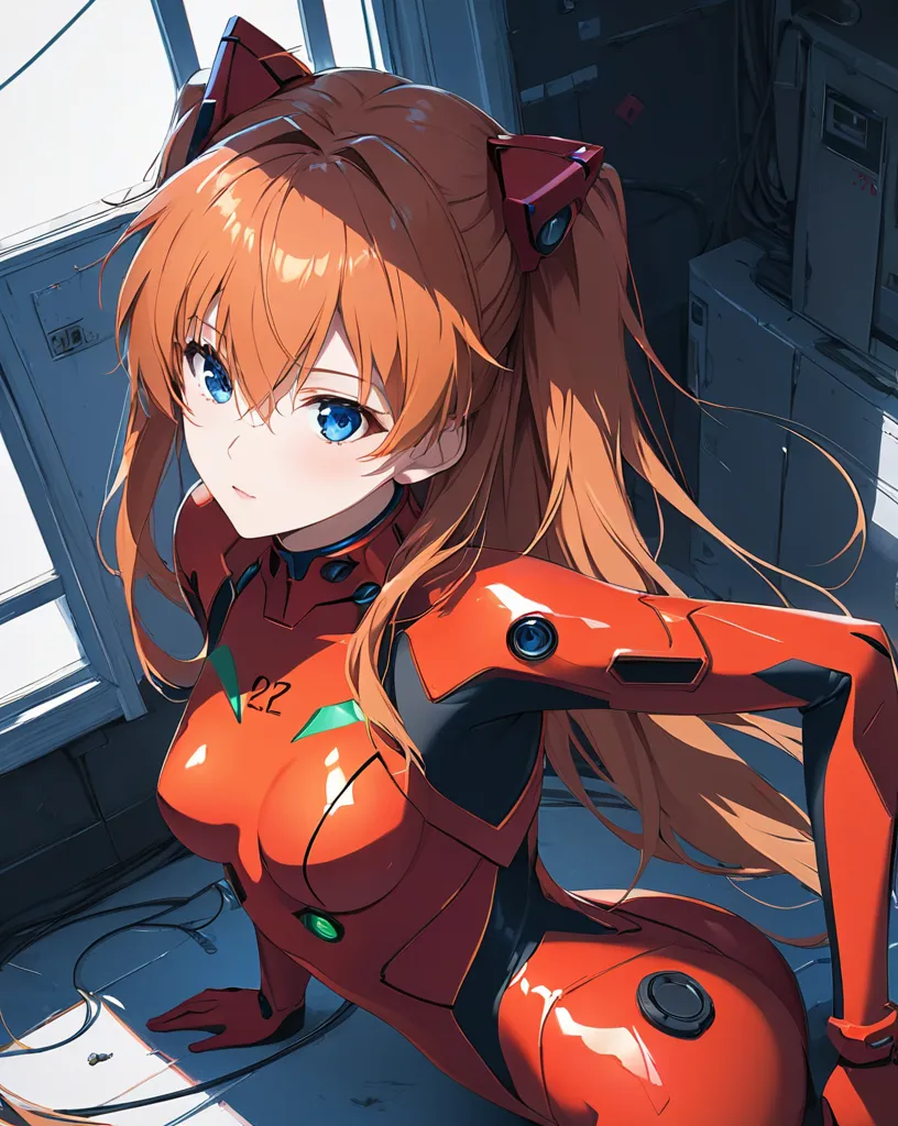 1girl,aiu,asukalangley,asuka langley soryu,blue eyes,hair between eyes,headgear,interface headset,orange hair,break bodysuit,lon...