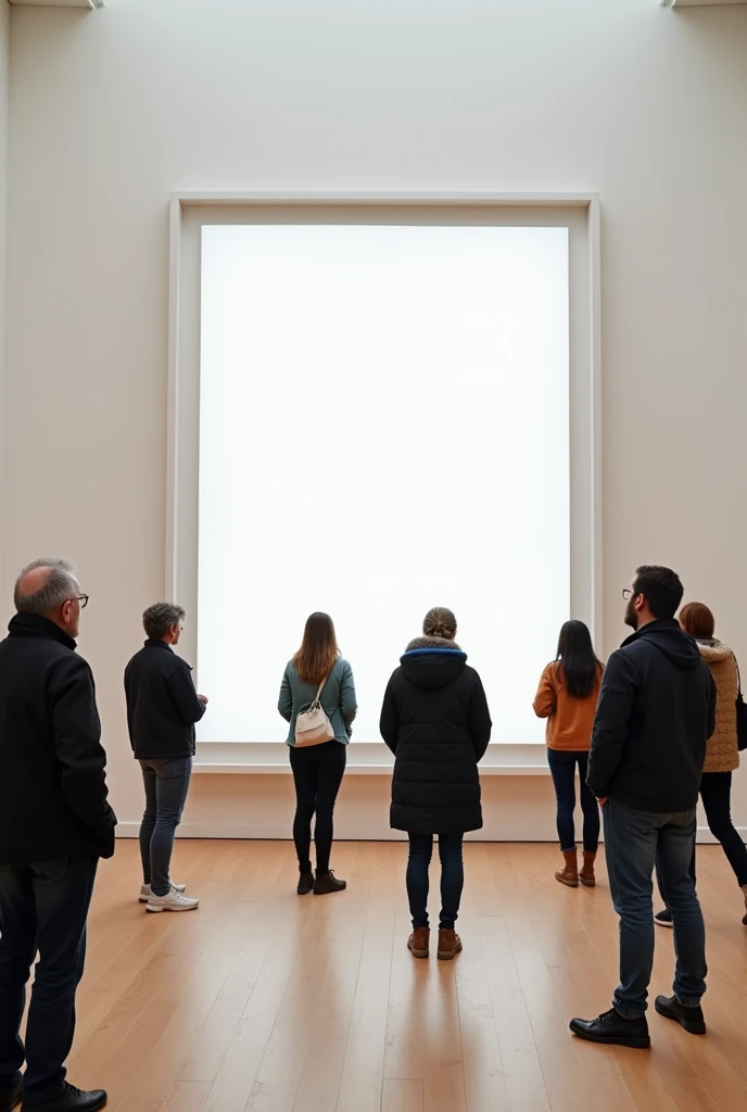 An empty frame in the museum with somo written under it and people are looking at it