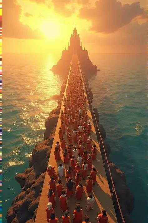 In cinematic 3d cartoon style **Crossing of the Ram Setu**: Lord Rama, Lakshmana, Hanuman, and the entire Vanara army walk across the completed Ram Setu bridge towards Lanka. The bridge stretches across the ocean under a golden sky, and a sense of purpose ...