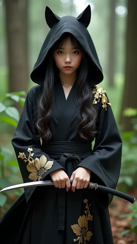 Ninja girl in a black hooded dress with gold floral patterns, girl in black pants , floral patterns on the shoulders , black robe with gold patterns on top,  long wavy hair with open forehead, hairstyle without bangs, there are no bangs on her forehead ,  ...