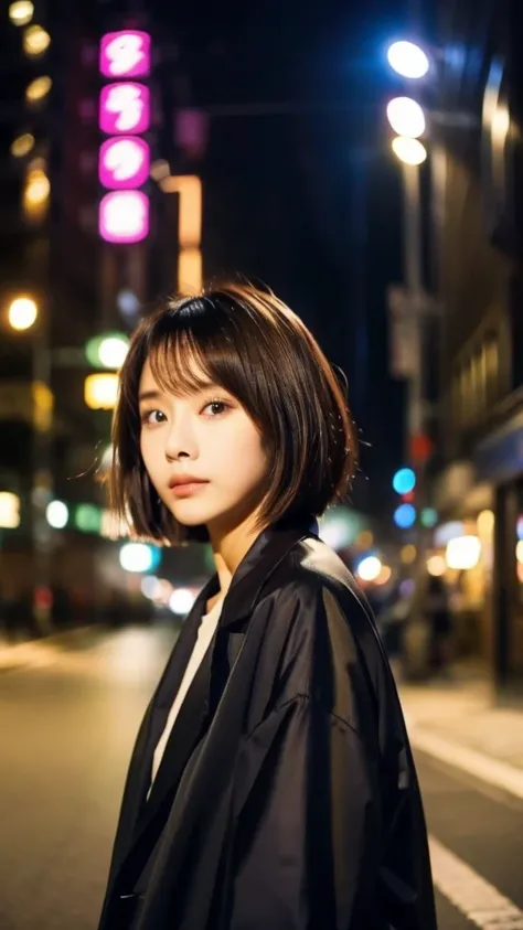 High image quality、 Japanese woman in a modest way、Beauty、 cute、（Brown bob cut hair:1.5）、Small face、night、 dancehall、Showa、 reality stick、（ black jacket that is not fair:1.5）、Sad look、 Sexy Poses、