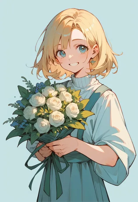 girl, blonde, holding a bouquet, smiling, bright, cute, masterpiece, best quality, ultra detailed,light blue background, flat background