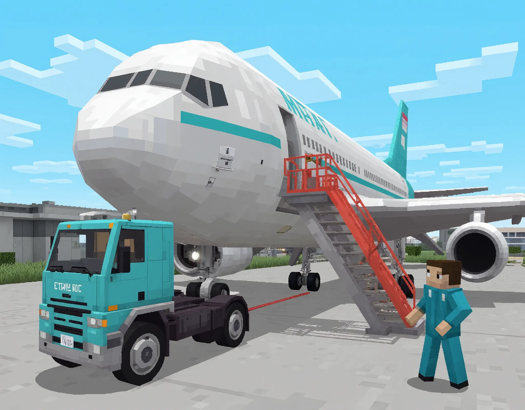 (masterpiece:1.2, best illustration,Super detailed),( Minecraft :2.0),( High Quality Voxel Art :2.0),( Voxel-based World  :2.0),( Jumbo Jet Closeup:2.0),(International Airport:2.0),(dynamic),( Rear View of a Mechanic Guiding an Airplane :2.0),( Maintenance Vehicle :2.0),( Vivid Colors:2.0),(cute:2.0),( Minimalist   :2.0),(  pixel art:2.0)